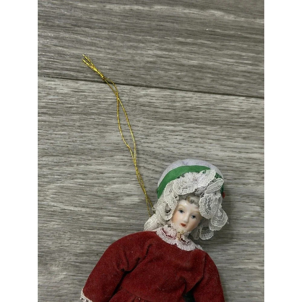 VTG Victorian Style Porcelain Woman Doll Red Velvet Dress/Holly Bonnet Ornament